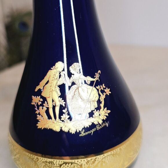 Limoges Castel Porcelain Cobalt Dark Blue Vintage Vase Lovers Scene with Gold - Picture 3 of 8